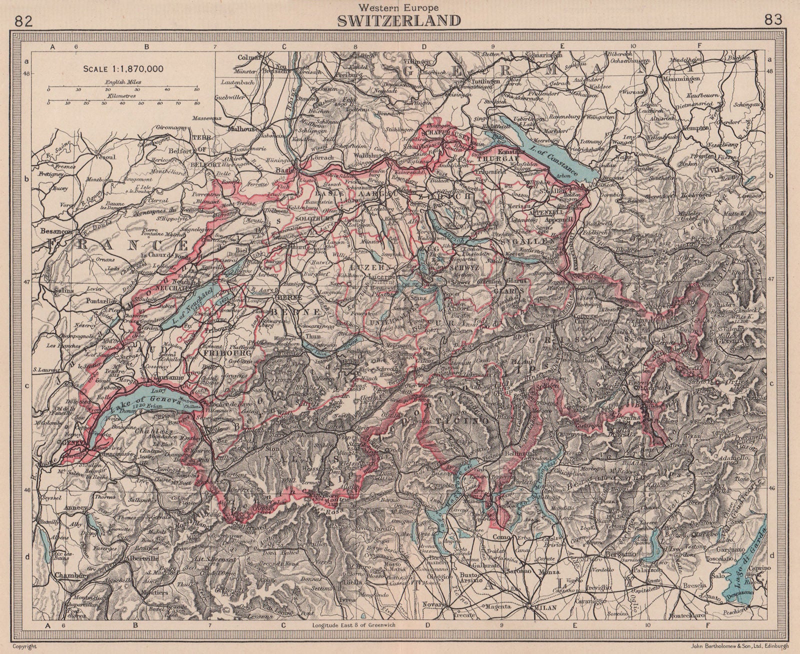 Switzerland in cantons. BARTHOLOMEW 1949 old vintage map plan chart